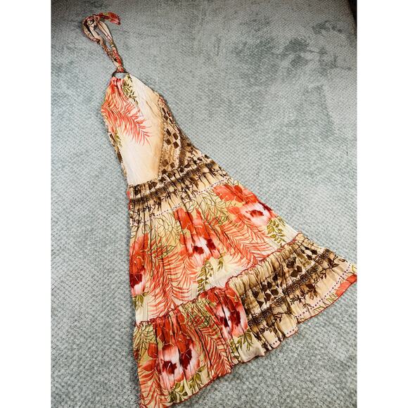 Vintage Y2K Gorgeous Pink/Beige Floral Tropical Drop Waist Halter Midi Sundress - Picture 1 of 8